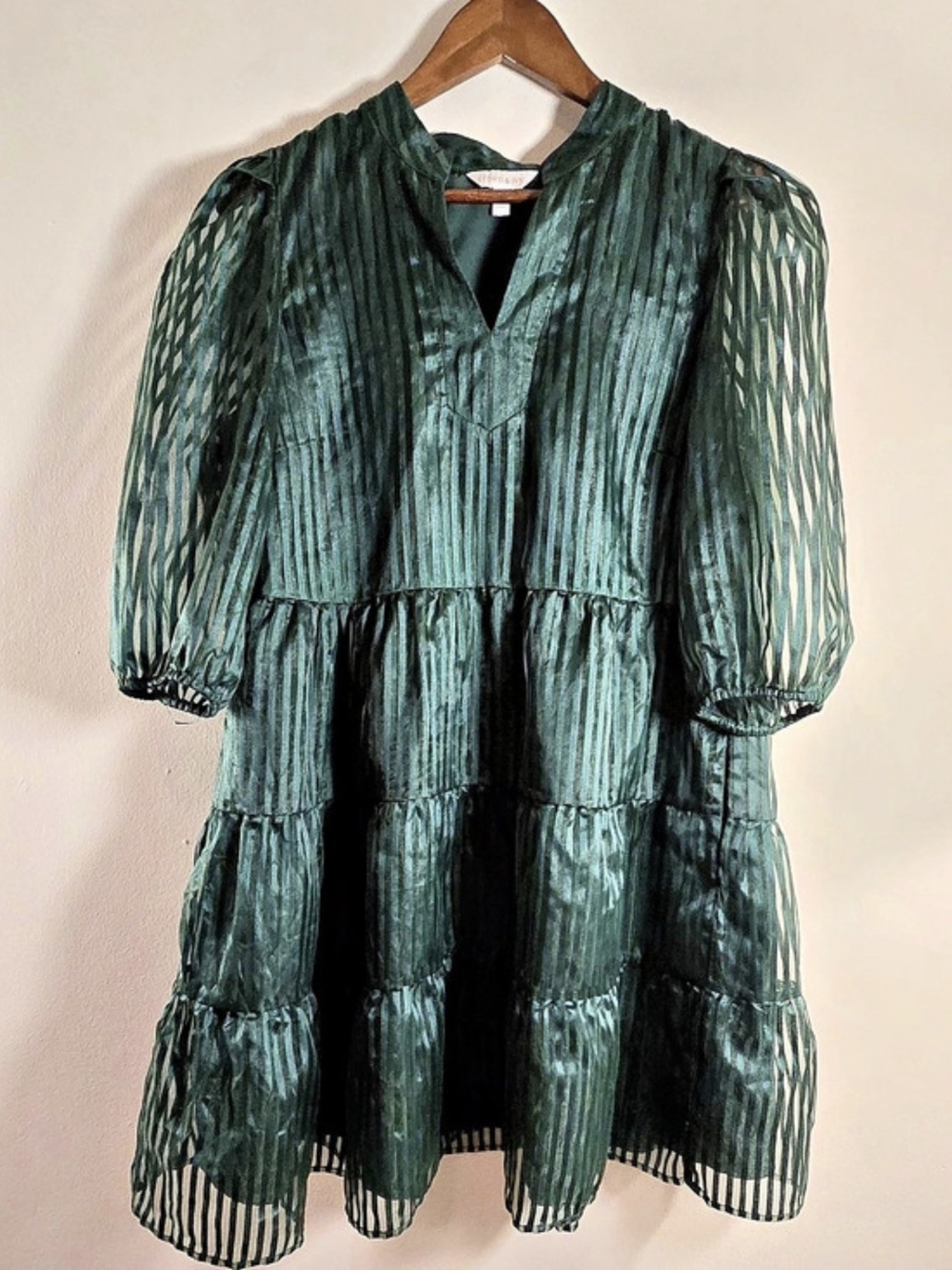 Crown & Ivy Emerald Green Striped Tiered Babydoll Dress L